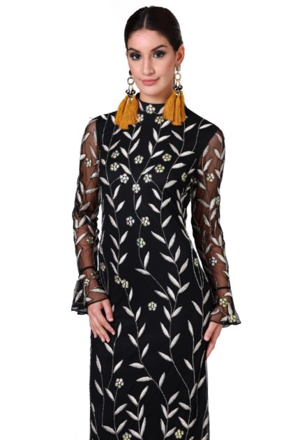 Floral Embroidery High Neck Flute Sleeve Maxi Dress