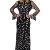 Floral Embroidery High Neck Flute Sleeve Maxi Dress