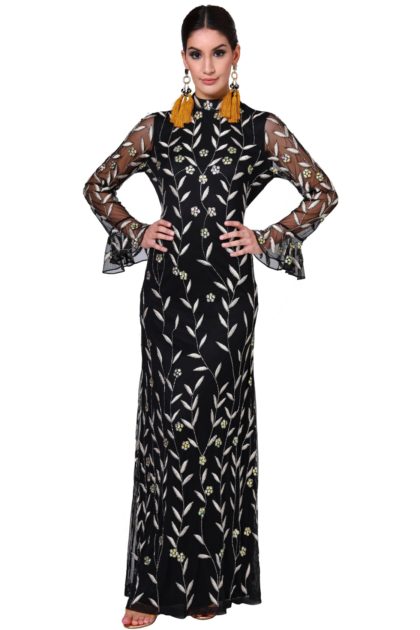 Floral Embroidery High Neck Flute Sleeve Maxi Dress