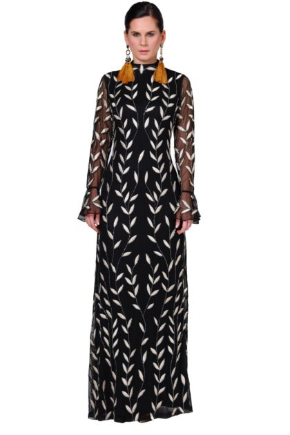 Fern Embroidery High Neck Maxi Dress