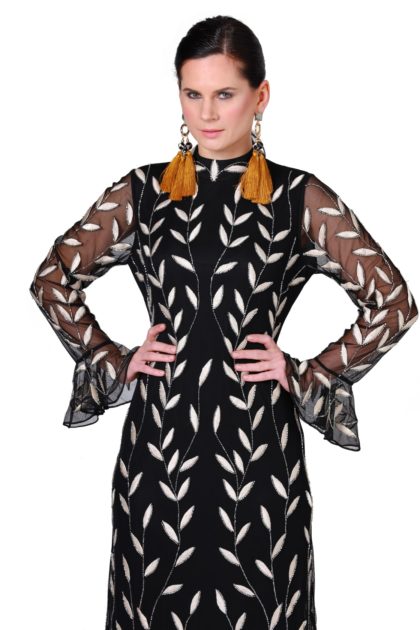 Fern Embroidery High Neck Maxi Dress